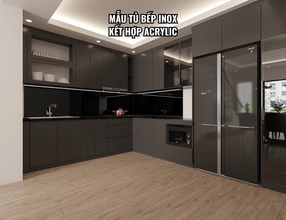 Mẫu tủ bếp inox kết hợp Laminate và Acrylic