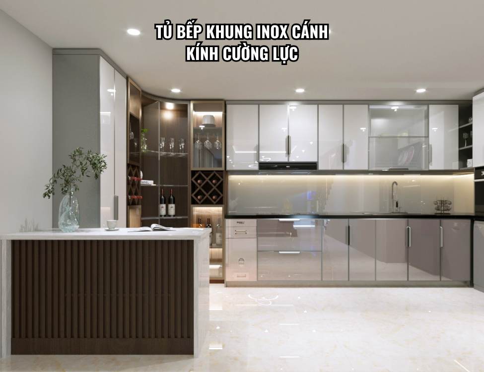 Tủ bếp khung inox cánh kính cường lực