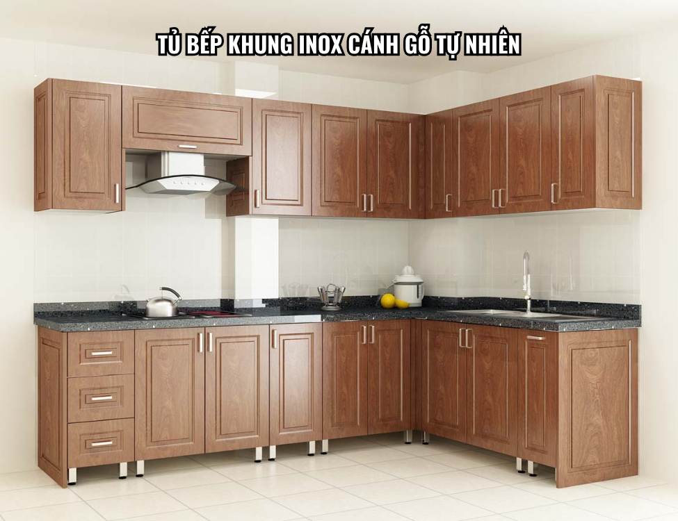 Tủ bếp khung inox cánh gỗ tự nhiên