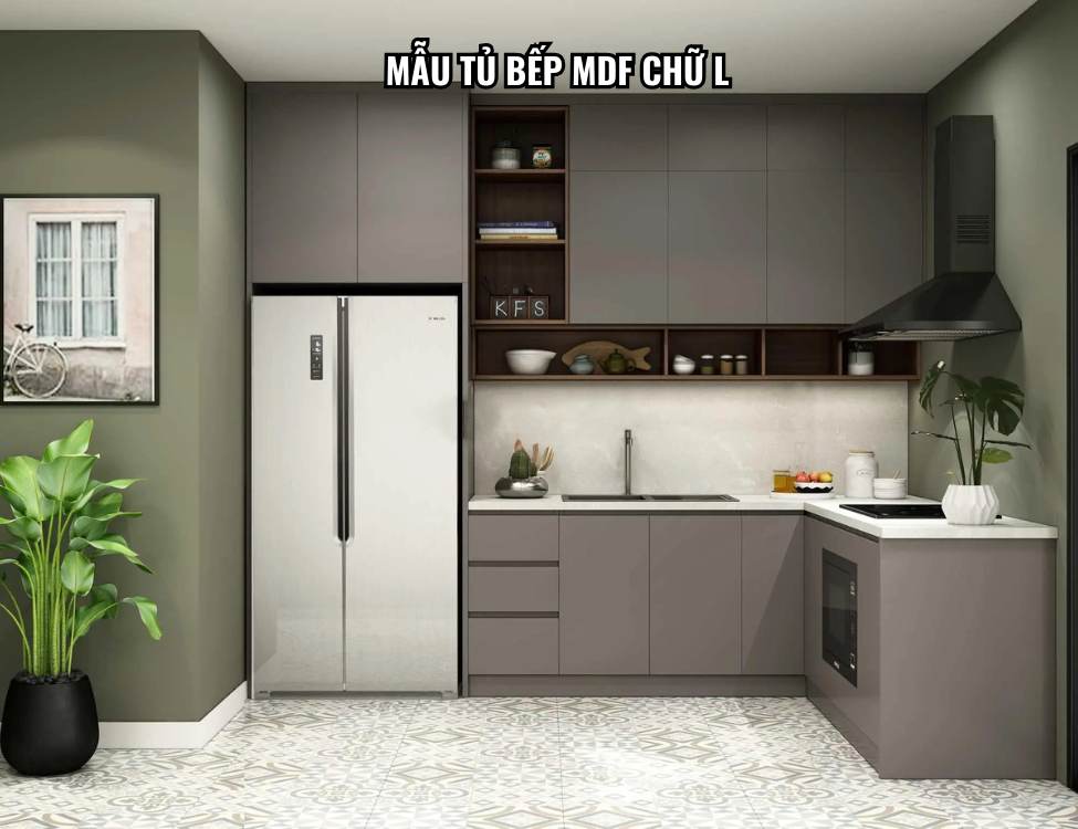 Mẫu tủ bếp MDF chữ L.