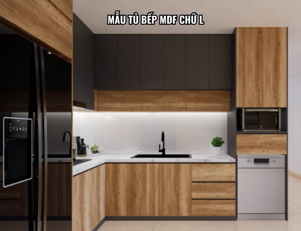 Mẫu tủ bếp MDF chữ L.