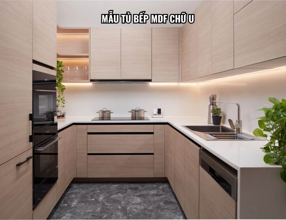 Mẫu tủ bếp MDF chữ U.