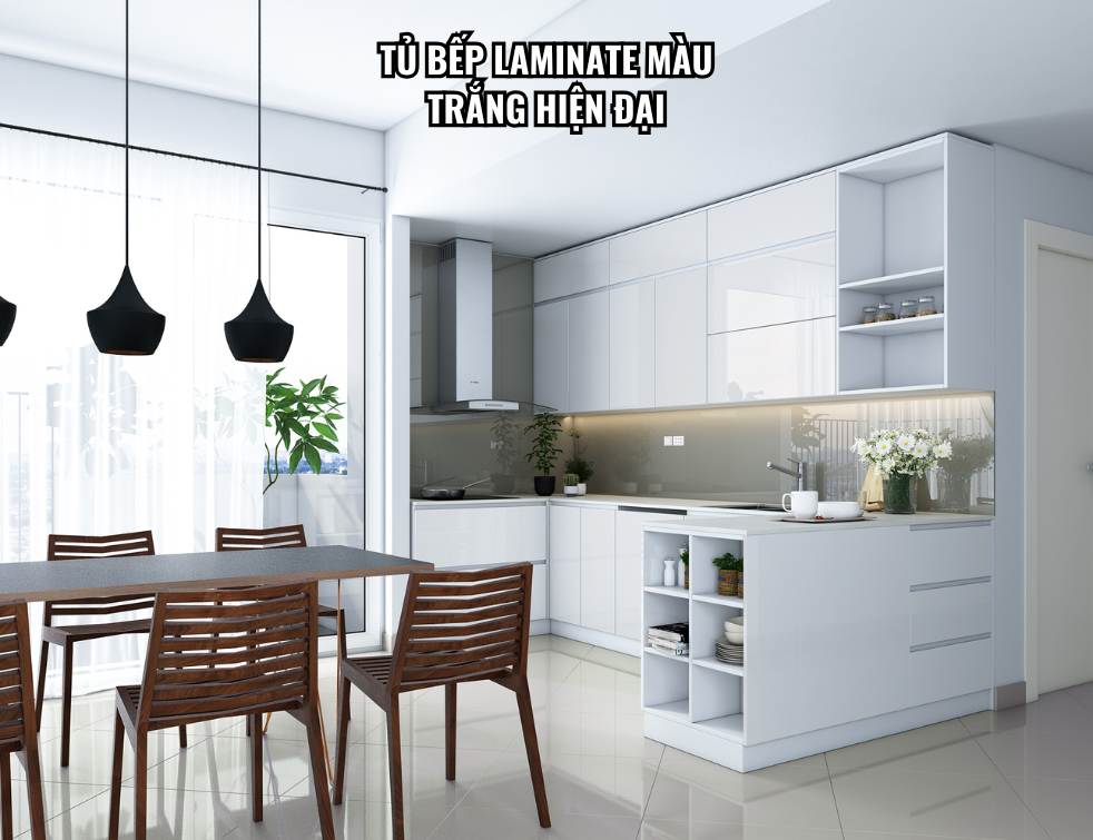 Tủ bếp Laminate màu trắng hiện đại