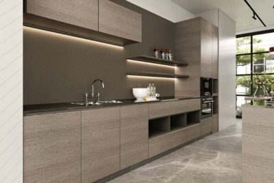 Tủ bếp hiện đại HDF mã HDF03 phủ Melamine chữ I xám nâu nhạt