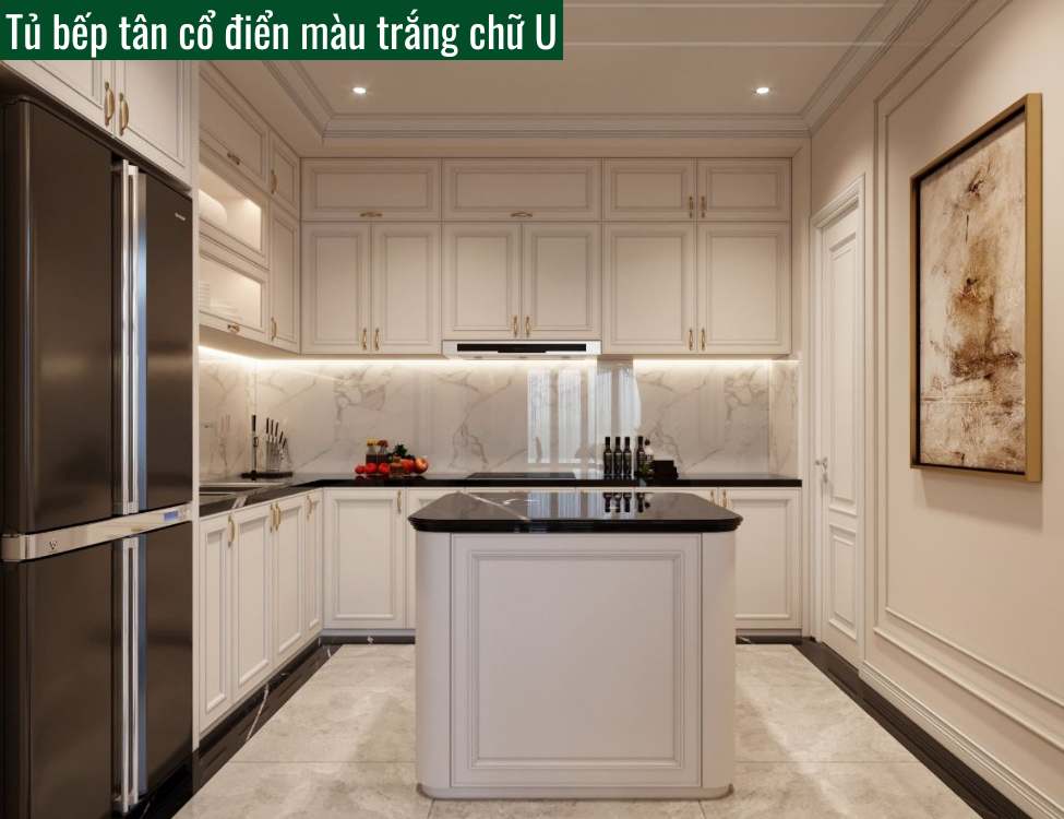 Tủ bếp tân cổ điển màu trắng chữ U