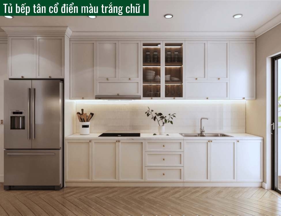 Tủ bếp tân cổ điển màu trắng chữ I