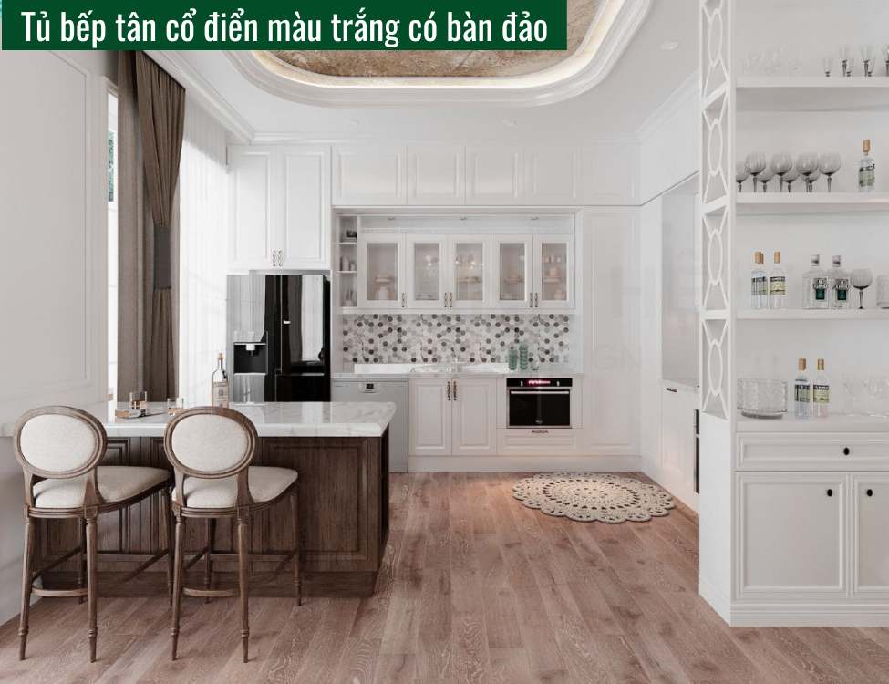 Tủ bếp tân cổ điển màu trắng có bàn đảo