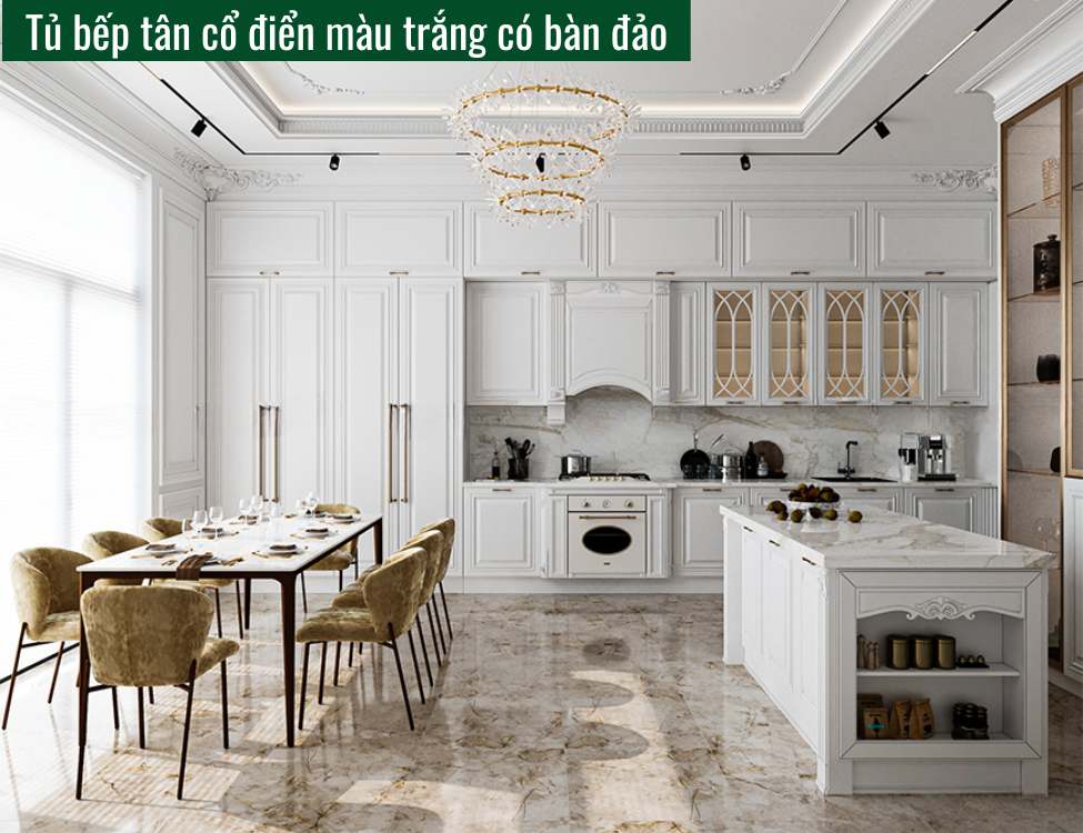 Tủ bếp tân cổ điển màu trắng có bàn đảo