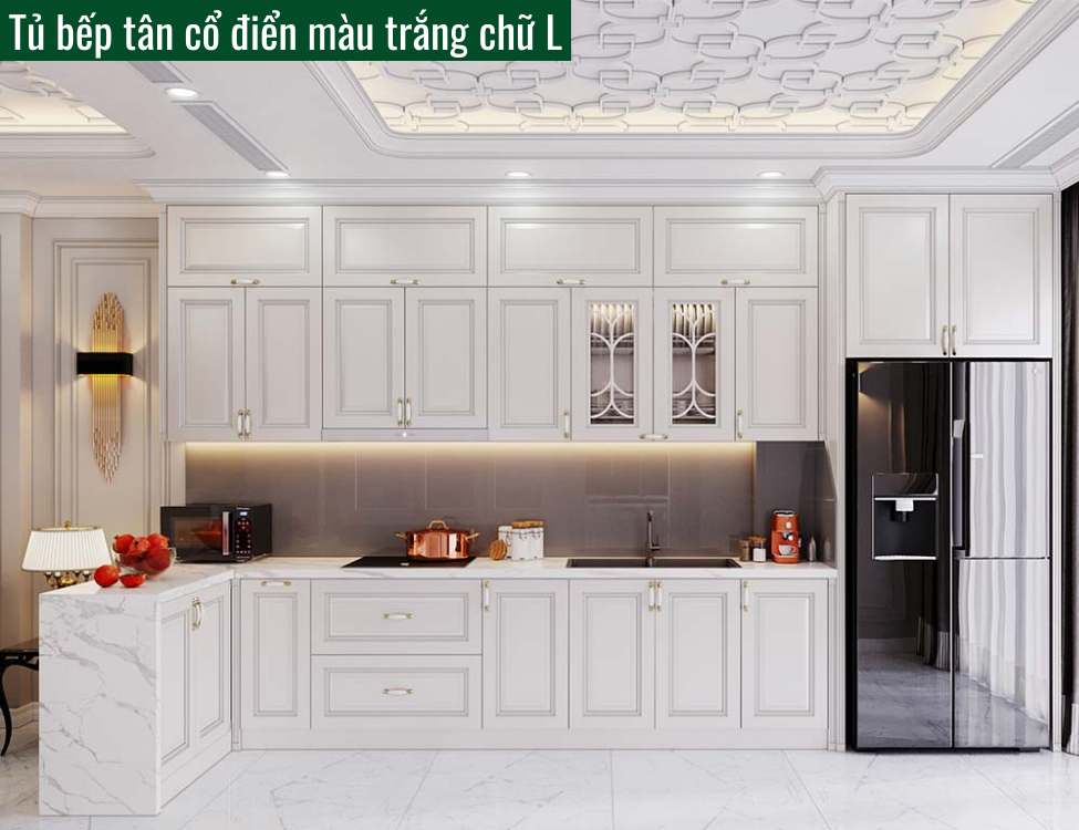 Tủ bếp tân cổ điển màu trắng chữ L