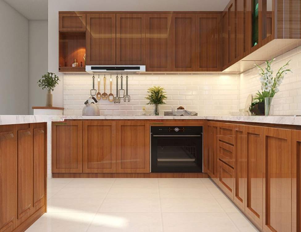 Kiểm tra chất liệu thực tế và quy cách thi công tủ bếp gỗ gõ đỏ