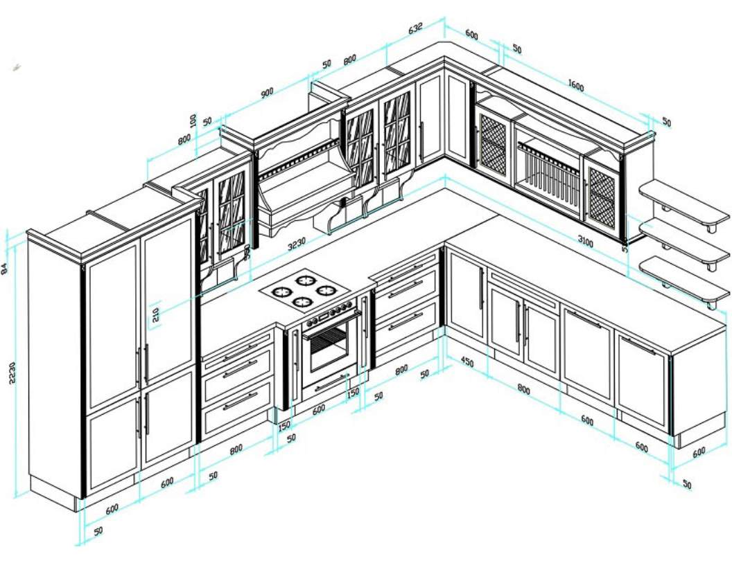 Kích thước tủ bếp chữ L