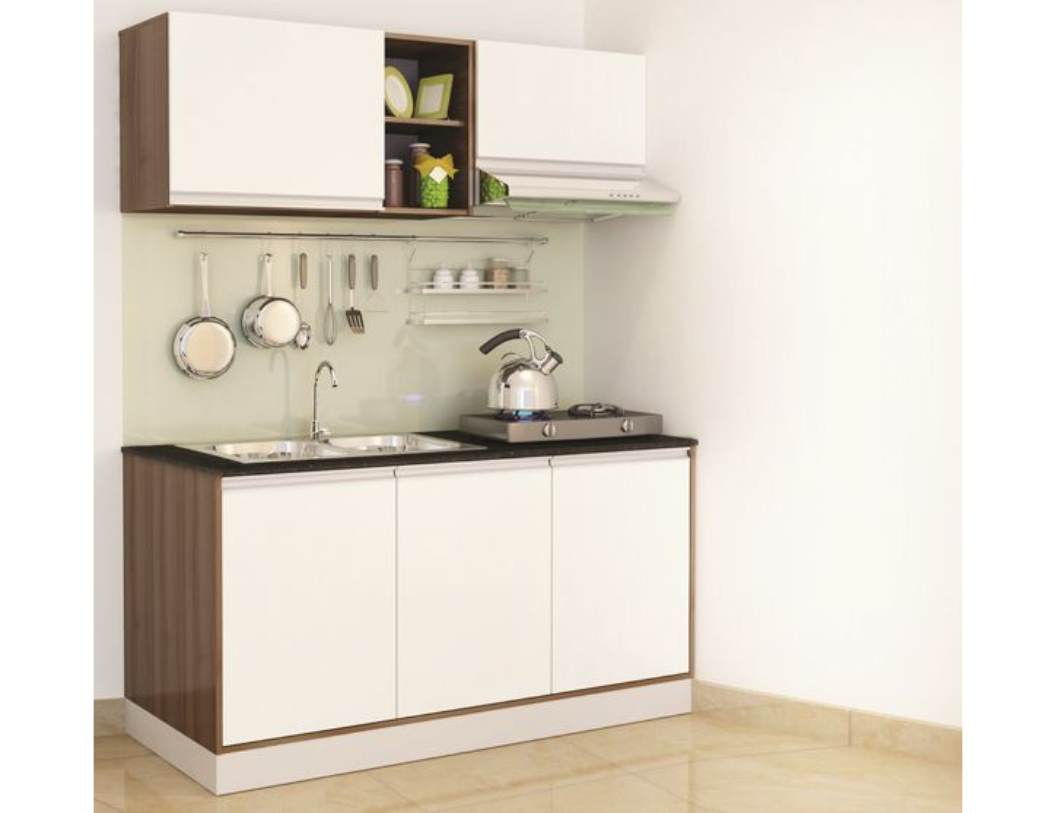 Mẫu chữ I dài 1,8m: nhỏ gọn, tích hợp chậu rửa bên phải.