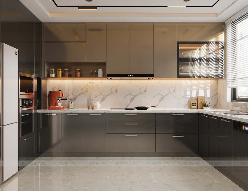 tủ bếp nhựa picomat cánh phủ acrylic chữ U