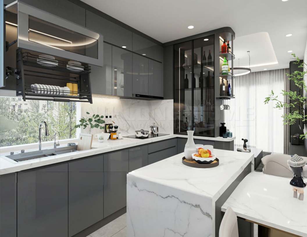tủ bếp inox cánh phủ acrylic