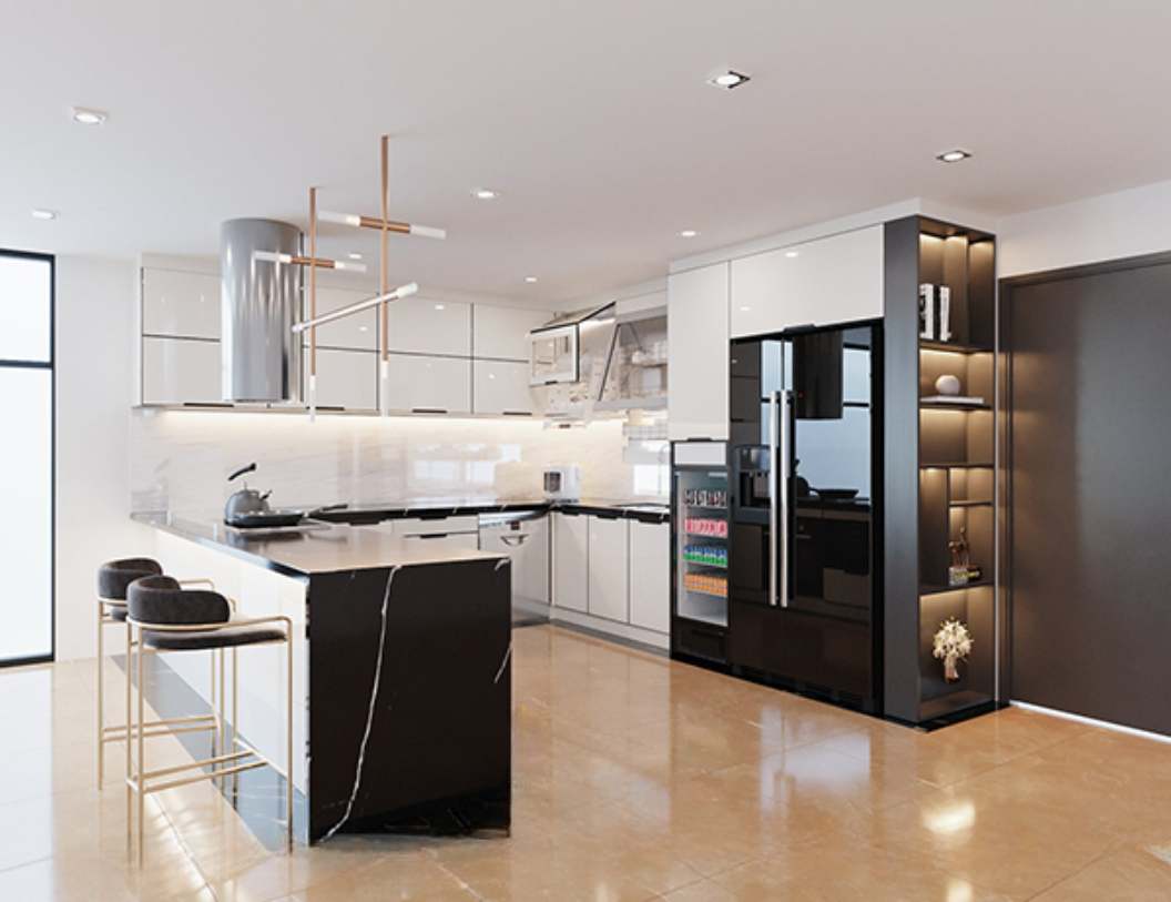 tủ bếp inox cánh acrylic chữ U