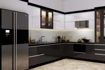tủ bếp inox cánh acrylic chữ L