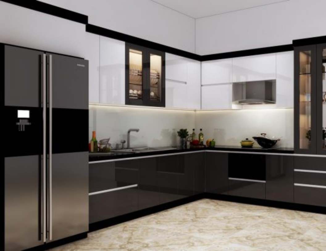 tủ bếp inox cánh acrylic chữ L