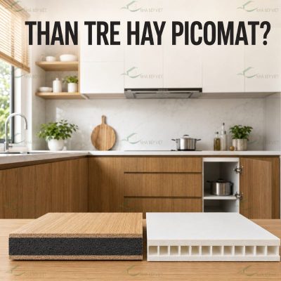 So sánh tấm nhựa than tre và nhựa Picomat làm tủ bếp