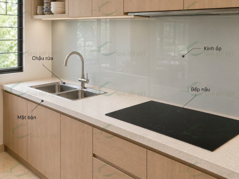 Mặt bàn bếp và kính ốp tường hoàn thiện khu vực thao tác