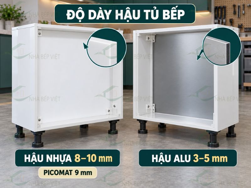 Hậu tủ bếp nhựa thường dày 8–10 mm; hậu alu hoặc tấm mỏng có thể dày 3–5 mm