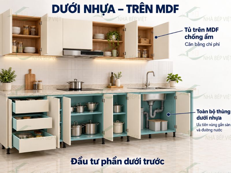 Thùng tủ dưới nhựa kết hợp tủ trên MDF chống ẩm là phương án cân bằng