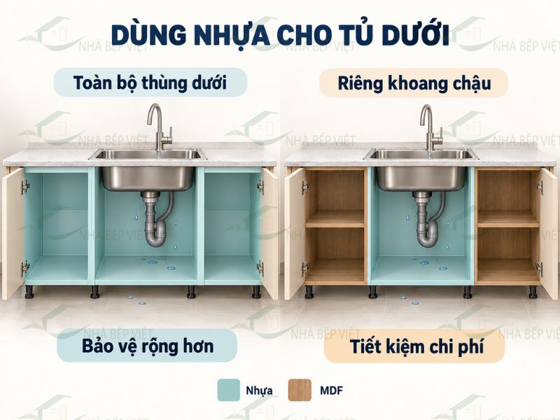 Nên làm tủ bếp nhựa toàn bộ hay chỉ dùng nhựa cho khoang chậu rửa
