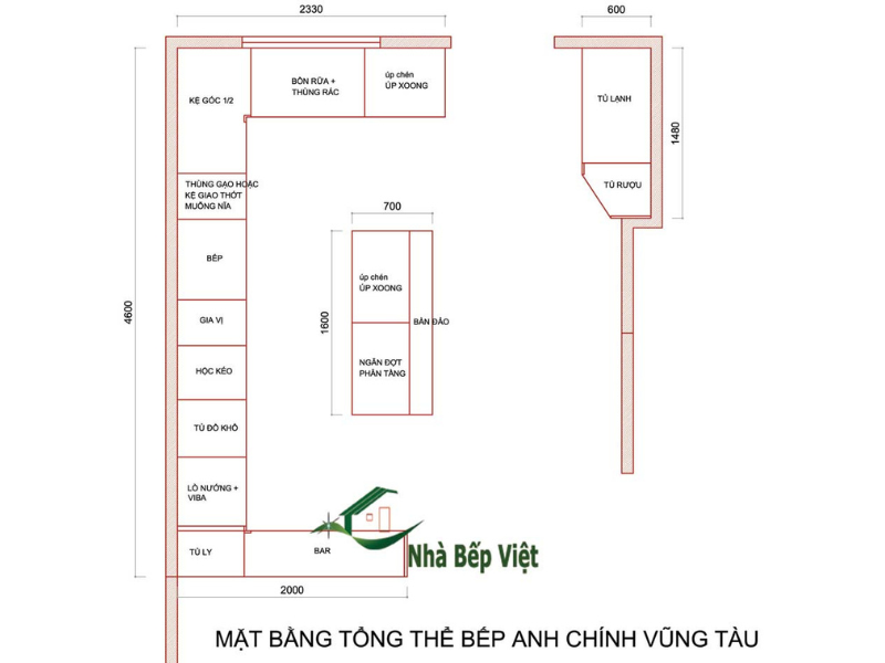 Bản vẽ 2D chốt mặt bằng công năng và kích thước kỹ thuật của tủ bếp