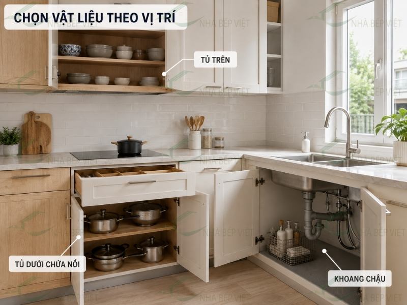 Thùng tủ bếp nên ưu tiên vật liệu nào theo từng vị trí?