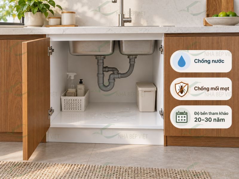 Ưu điểm của tủ bếp Picomat là chống nước, chống mối mọt và sử dụng bền lâu