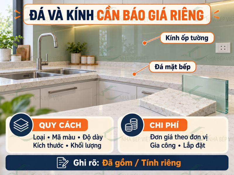 Đá mặt bếp và kính ốp cần có quy cách, khối lượng và đơn giá riêng