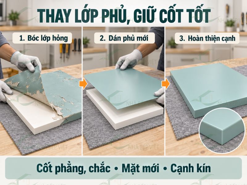 Bong rộng nhưng cốt còn tốt được xử lý bằng thay lớp phủ Acrylic hoặc Laminate