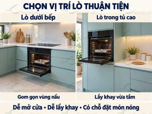 Lắp dưới bếp hoặc trong tủ cao theo không gian và thao tác sử dụng