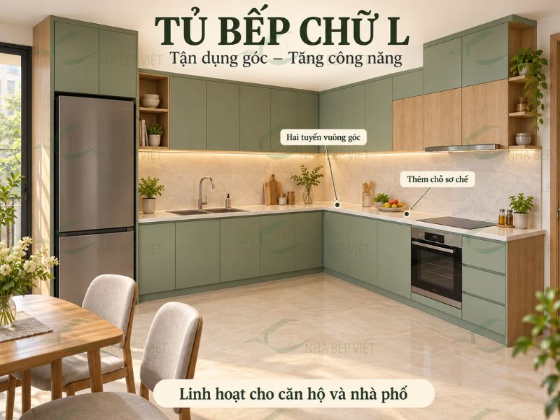 Tủ bếp chữ L tận dụng góc, linh hoạt cho căn hộ và nhà phố