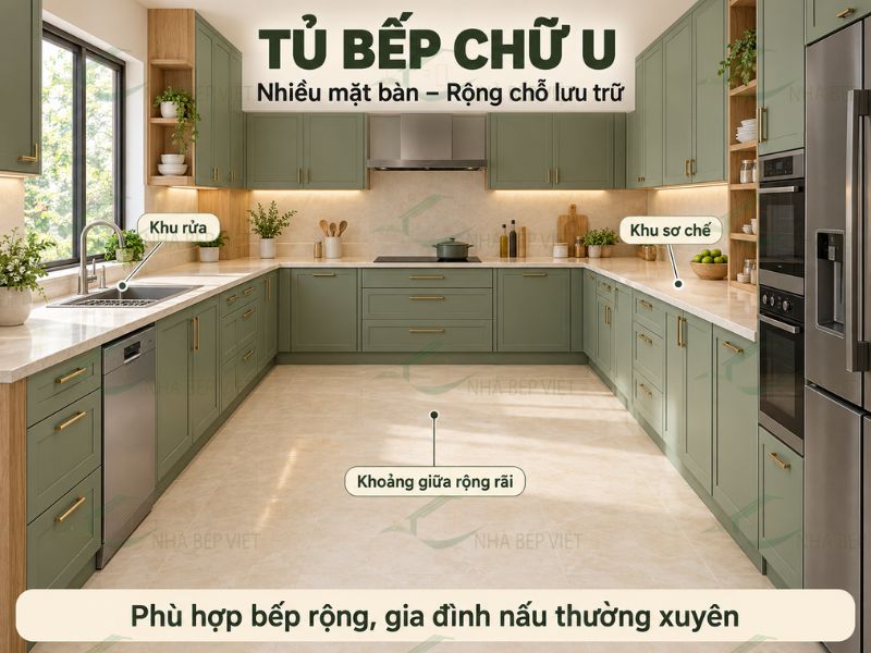 Tủ bếp chữ U nhiều mặt bàn, lưu trữ lớn và hợp bếp rộng