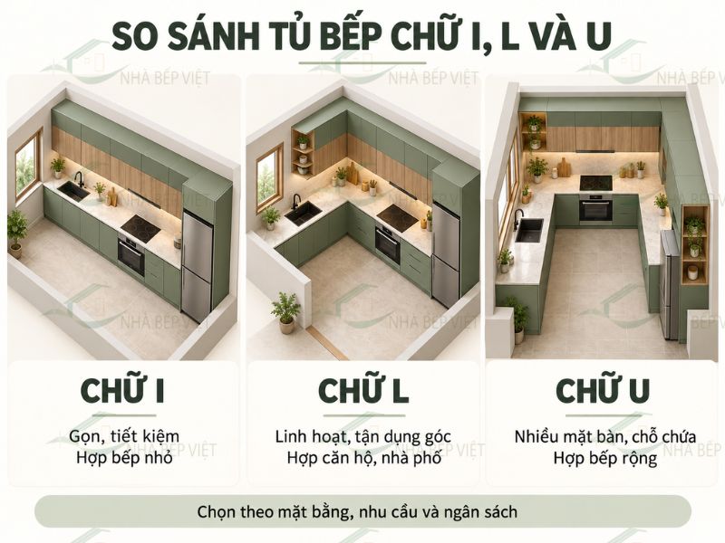 Nên chọn tủ bếp chữ I, chữ L hay chữ U