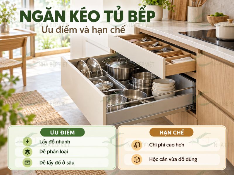 Tủ bếp dùng ngăn kéo hay cánh mở tiện hơn