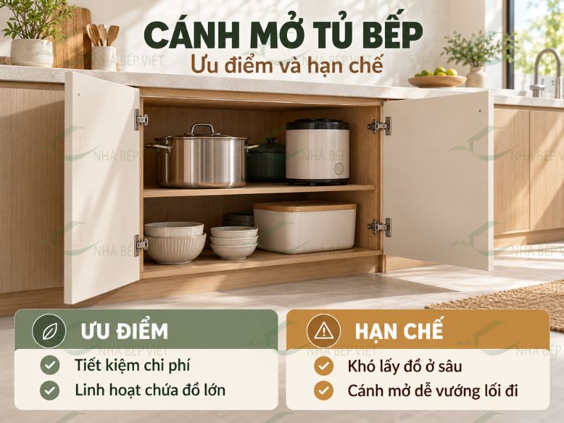 Cánh mở tủ bếp có ưu điểm và nhược điểm gì?