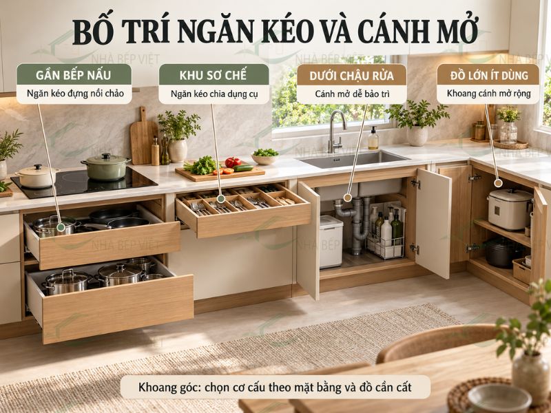 Nên bố trí ngăn kéo và cánh mở ở những khoang nào?