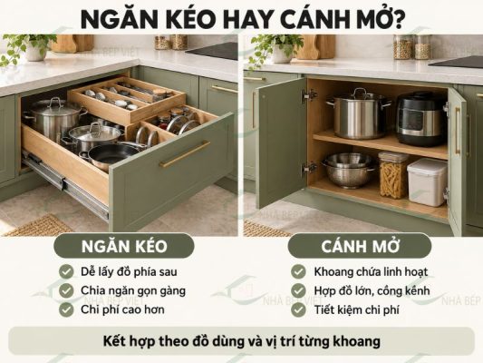 Tủ bếp dùng ngăn kéo hay cánh mở tiện hơn