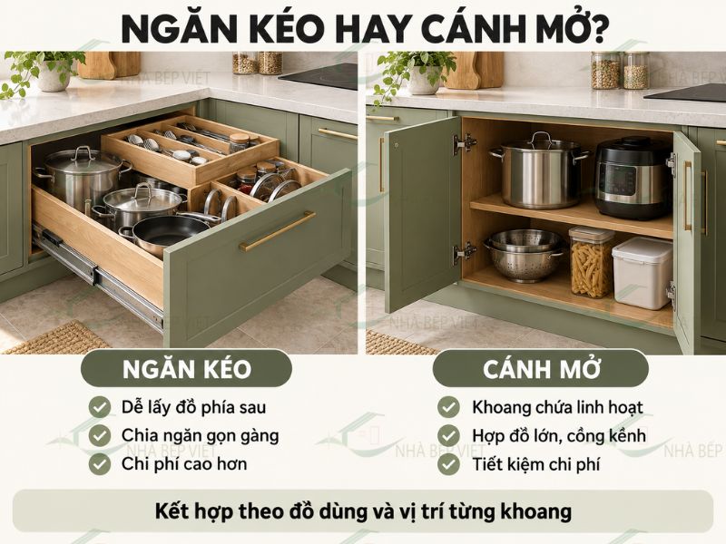 Tủ bếp dùng ngăn kéo hay cánh mở tiện hơn