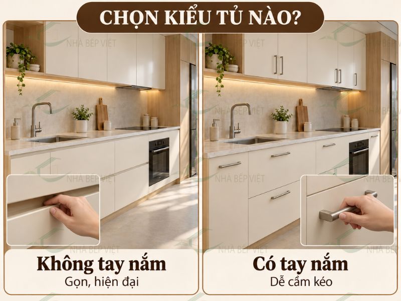 Tủ bếp không tay nắm có tiện không