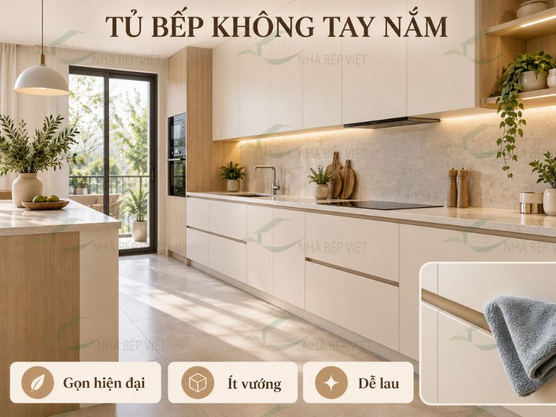 Tủ bếp không tay nắm có tiện không