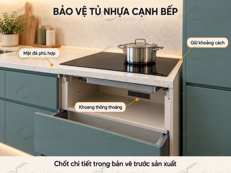 Khoảng cách, mặt đá và bố trí khoang đúng giúp bảo vệ tủ nhựa cạnh bếp