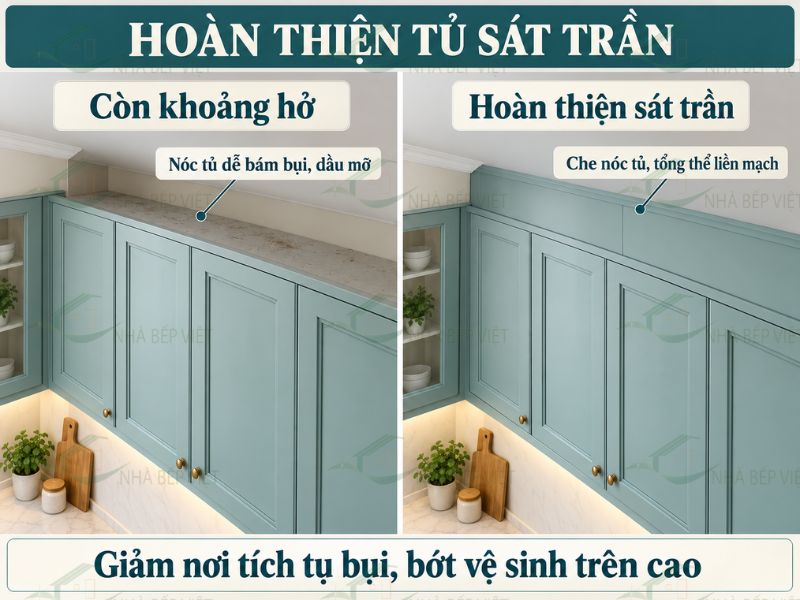 Phần hoàn thiện sát trần giảm nơi bám bụi, dầu mỡ và tạo tổng thể liền mạch