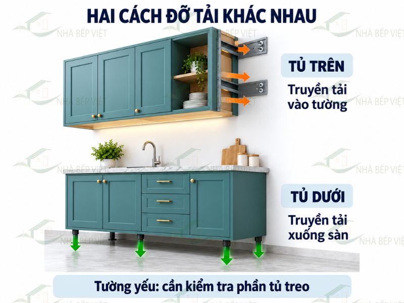 Tủ dưới đặt sàn và tủ trên treo tường có yêu cầu chịu tải khác nhau