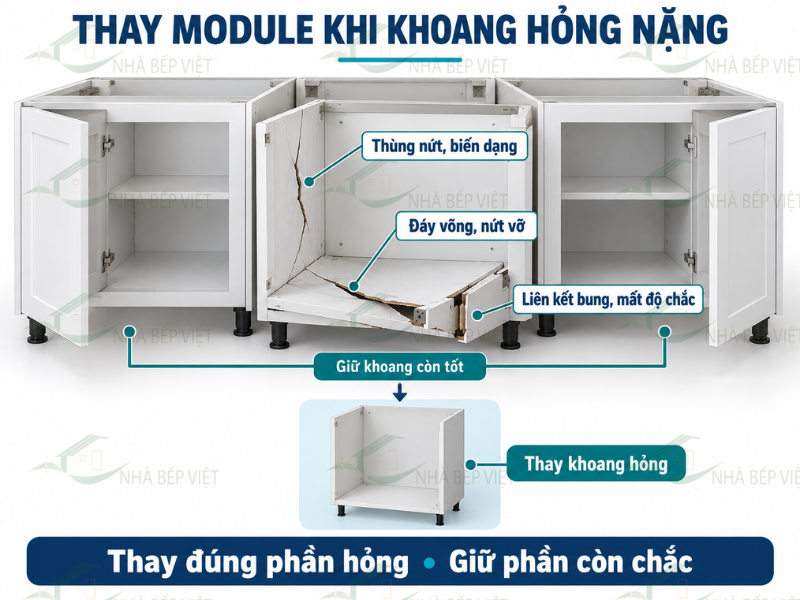 Tủ bếp nhựa nên thay module khi một khoang hỏng nặng ở thùng, đáy hoặc liên kết chịu tải