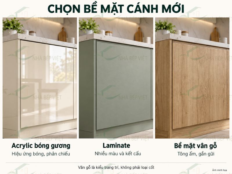 Cánh mới có thể chọn Acrylic, Laminate hoặc vân gỗ theo diện mạo mong muốn