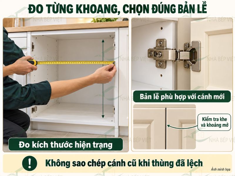 Đo từng khoang và chọn đúng bản lề giúp cánh mới vừa khít, đóng mở ổn định