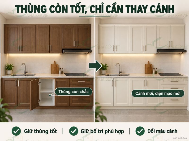 Thùng tủ còn tốt và nhu cầu đổi diện mạo là hai lý do nên chỉ thay cánh